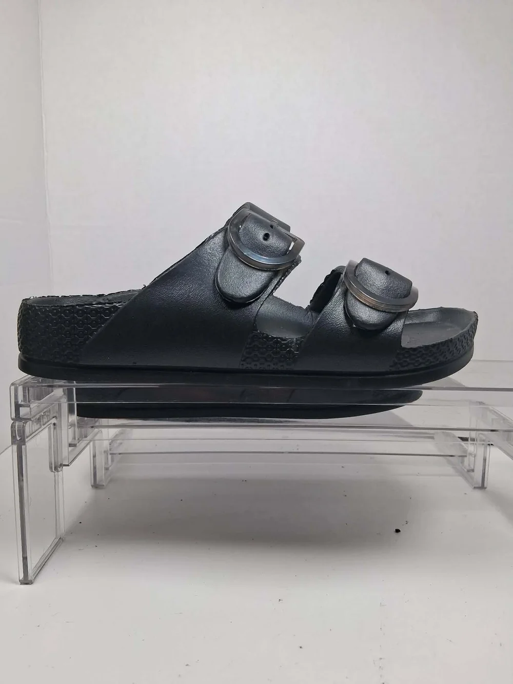 Men's Black Double Buckle Slide Sandals Adjustable Straps Synthetic US 7